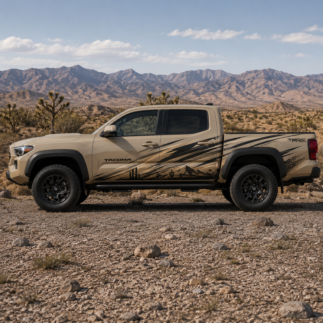 Desert mountain vinyl decal on Toyota Tacoma in arid terrain setting