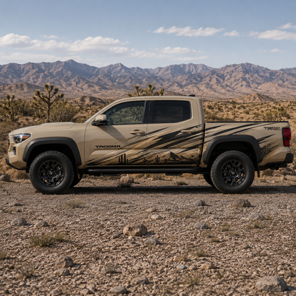 Desert mountain vinyl decal on Toyota Tacoma in arid terrain setting