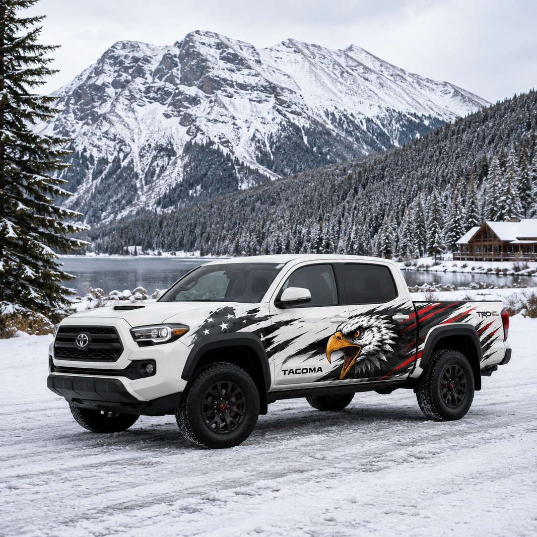 Toyota Tacoma with patriotic eagle truck decal in white and red vinyl wrap