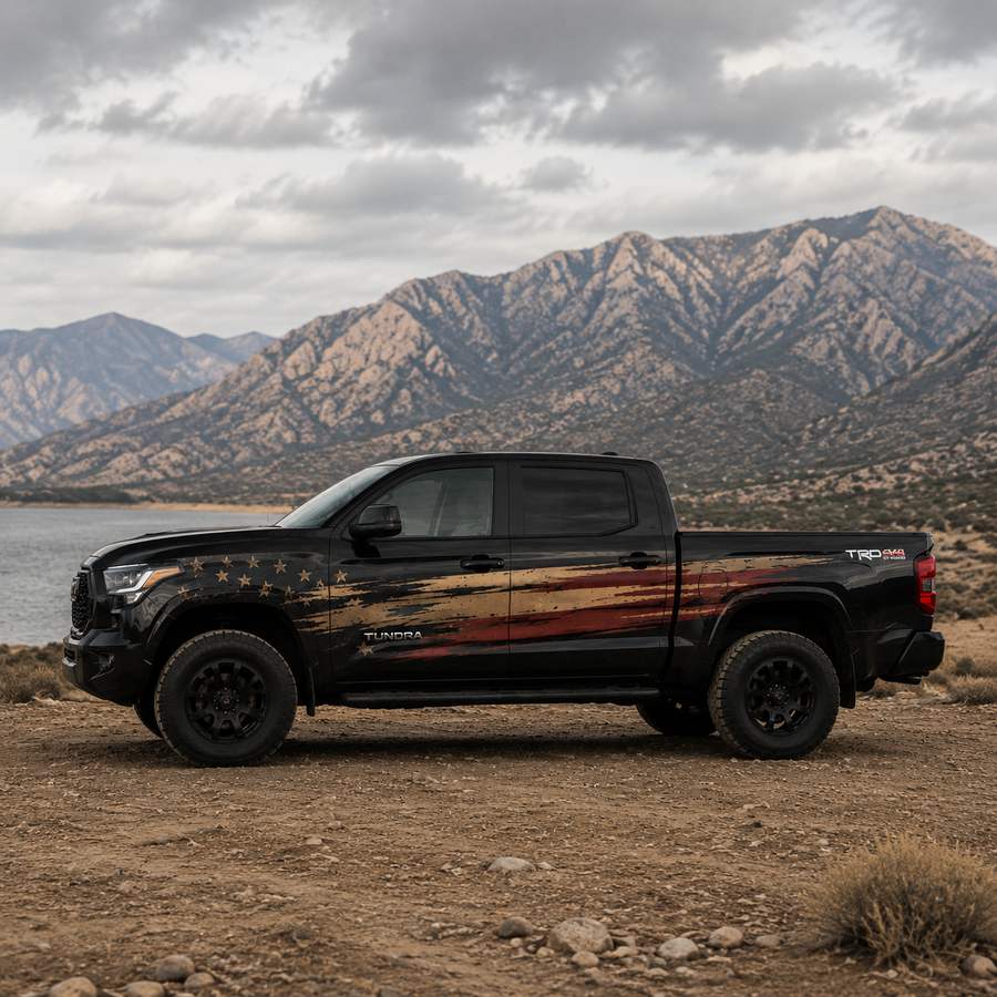 Toyota Tundra with Distressed American Flag full truck wrap side view in mountain terrain