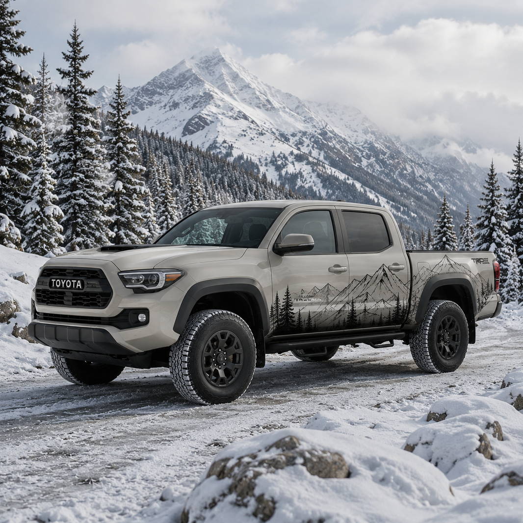 Toyota Tacoma with mountain forest truck decal in gray and white vinyl wrap