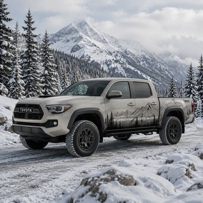 Toyota Tacoma with mountain forest truck decal in gray and white vinyl wrap