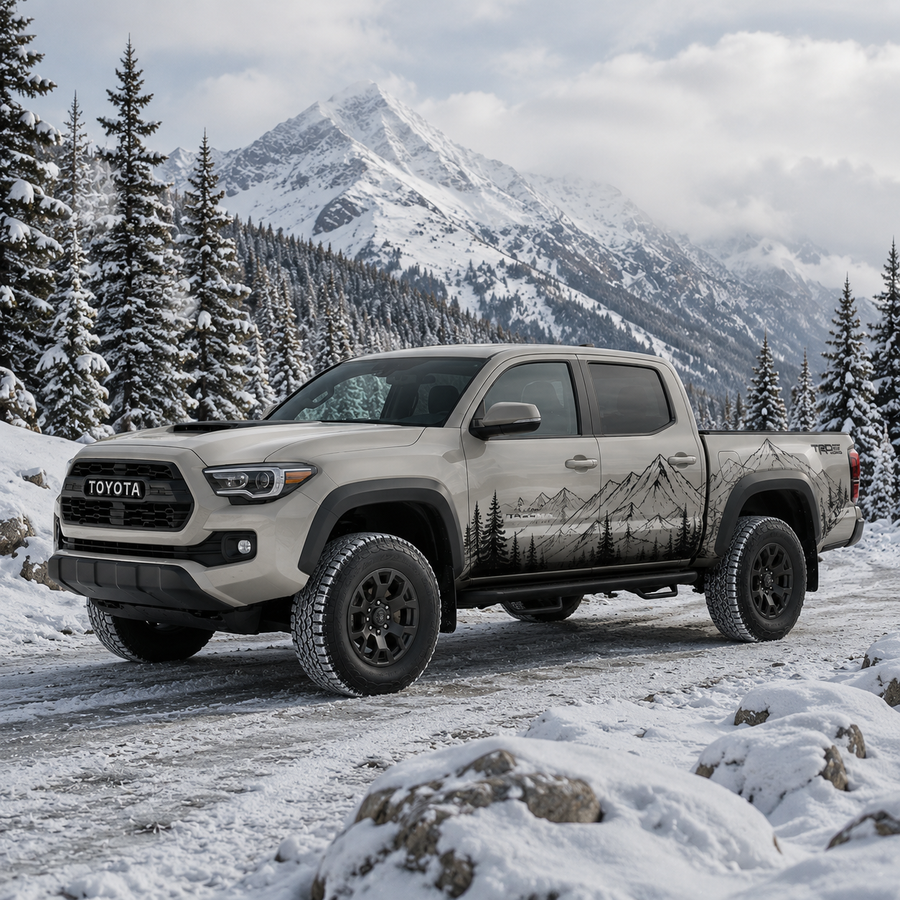 Toyota Tacoma with mountain forest truck decal in gray and white vinyl wrap