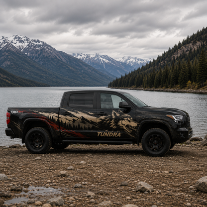 Black Toyota Tundra featuring Wild Wolf vinyl decal beside mountain lake