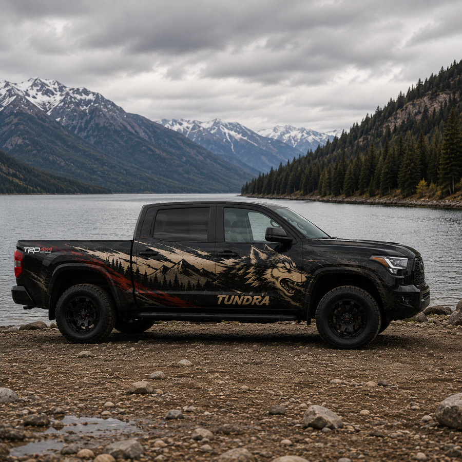 Black Toyota Tundra featuring Wild Wolf vinyl decal beside mountain lake