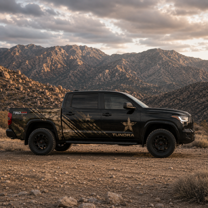 Black Toyota Tundra featuring Tactical Star vinyl decal close-up side profile