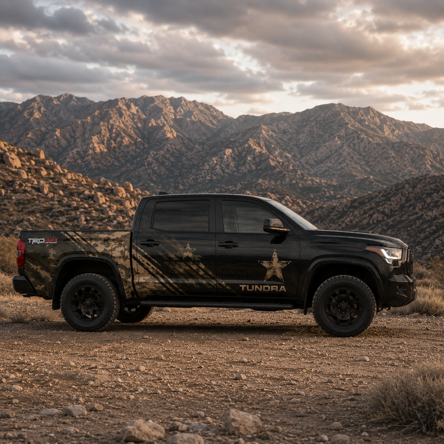 Black Toyota Tundra featuring Tactical Star vinyl decal close-up side profile