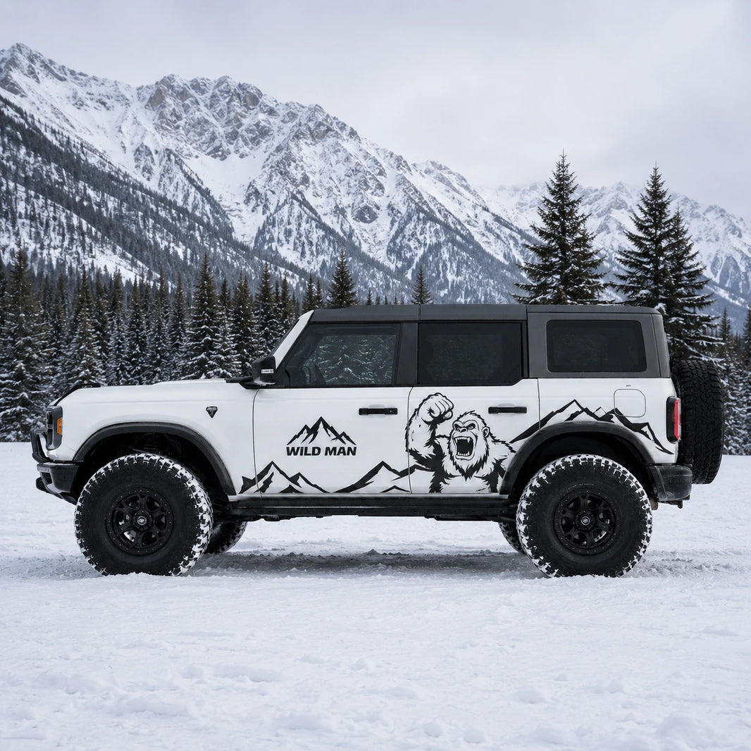 Sasquatch Mountain SUV Decal for Jeep Wrangler | Bigfoot Wilderness Off-Road Side Wrap
