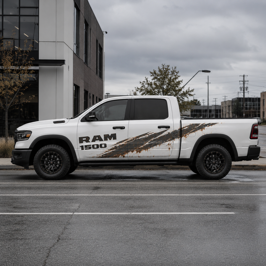 Mud Rush mud splash vinyl decal for Ram 1500 – detail close-up
