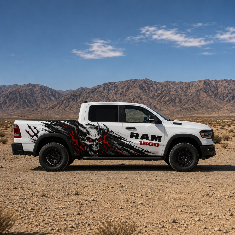 Demon Skull vinyl wrap side decal for RAM 1500 – side profile view