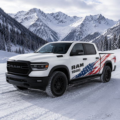 Patriot Brush American flag side vinyl graphic decal on RAM 1500 – full side view