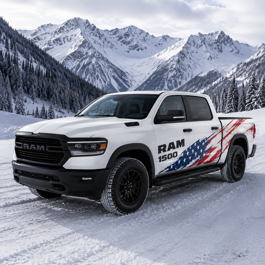 Patriot Brush American flag side vinyl graphic decal on RAM 1500 – full side view