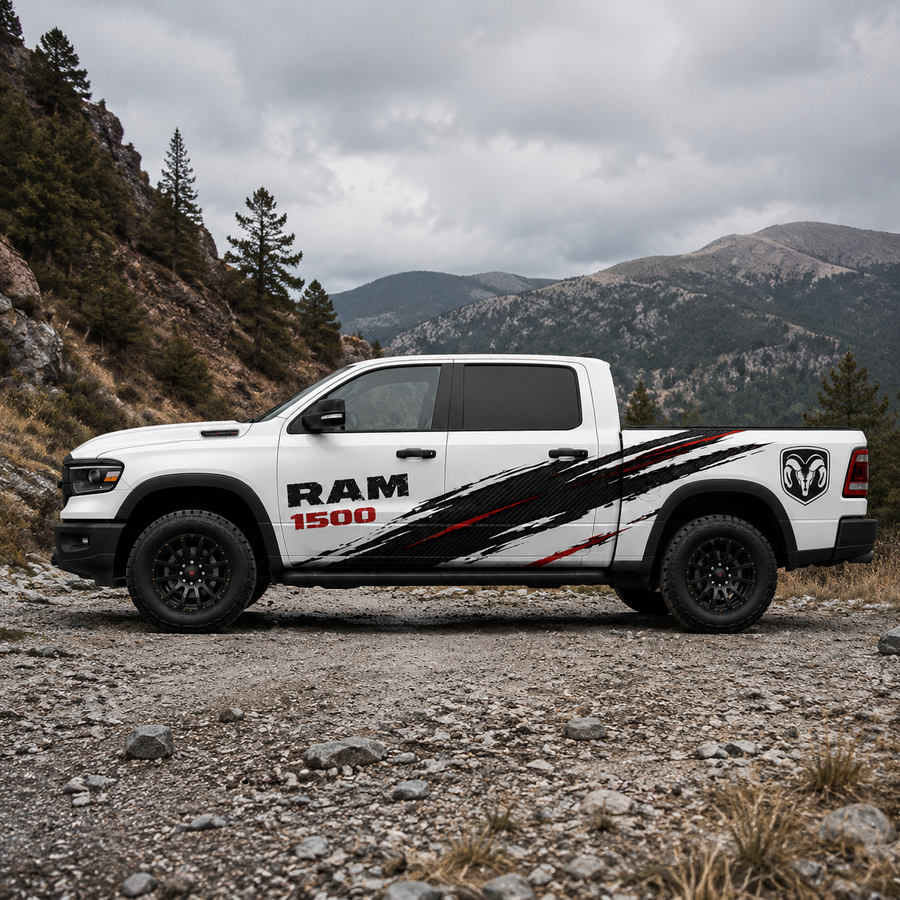 RAM 1500 carbon fiber vinyl side stripe decal – close-up detail
