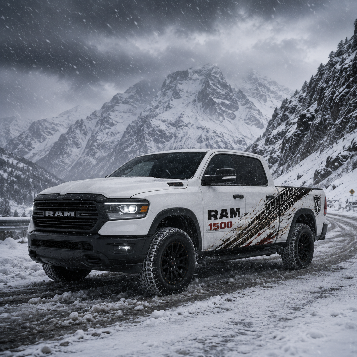Trail Crusher tire track off-road side graphic decal on RAM 1500 – full side view