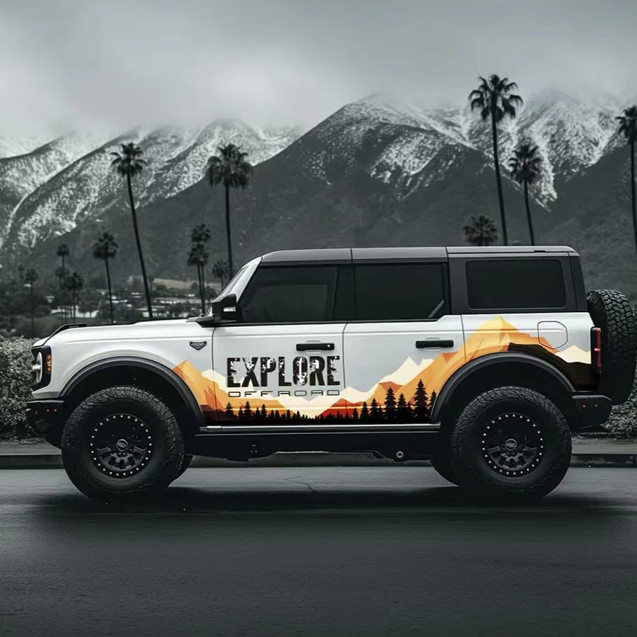Explore Off-Road Scenic Side Wrap Applied on SUV – Sunset Mountain Forest Decal View