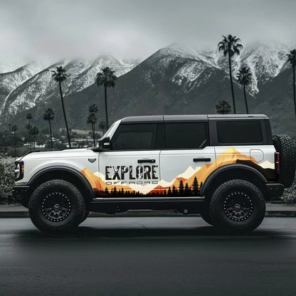 Explore Off-Road Scenic Side Wrap Applied on SUV – Sunset Mountain Forest Decal View