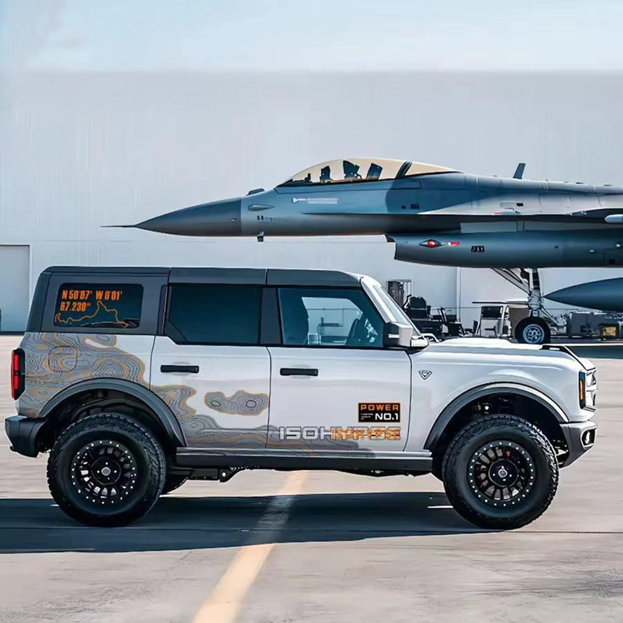 Topographic Map SUV Decal – Minimal Contour Side Graphic Kit on White Ford Bronco at Airport