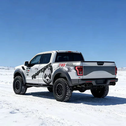 Panda head truck decal on white pickup – full side view in snowy outdoor setting