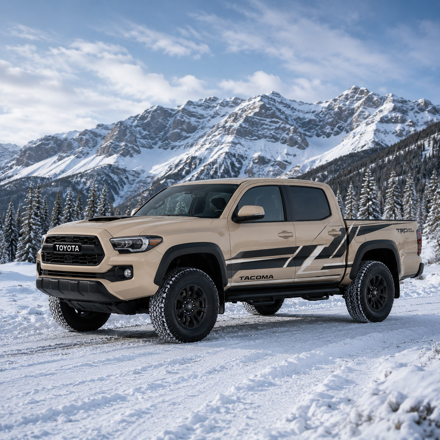 White Toyota Tacoma featuring TRD style geometric stripe decal in mountain setting