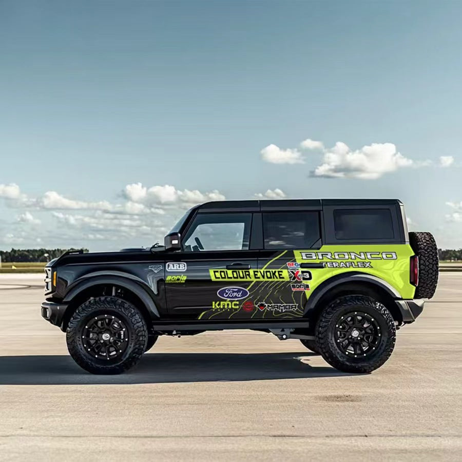 Neon Green Racing Stripe SUV Decal – Performance Side Graphic Kit on Black Ford Bronco at Airport Runway