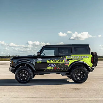 Neon Green Racing Stripe SUV Decal – Performance Side Graphic Kit on Black Ford Bronco at Airport Runway