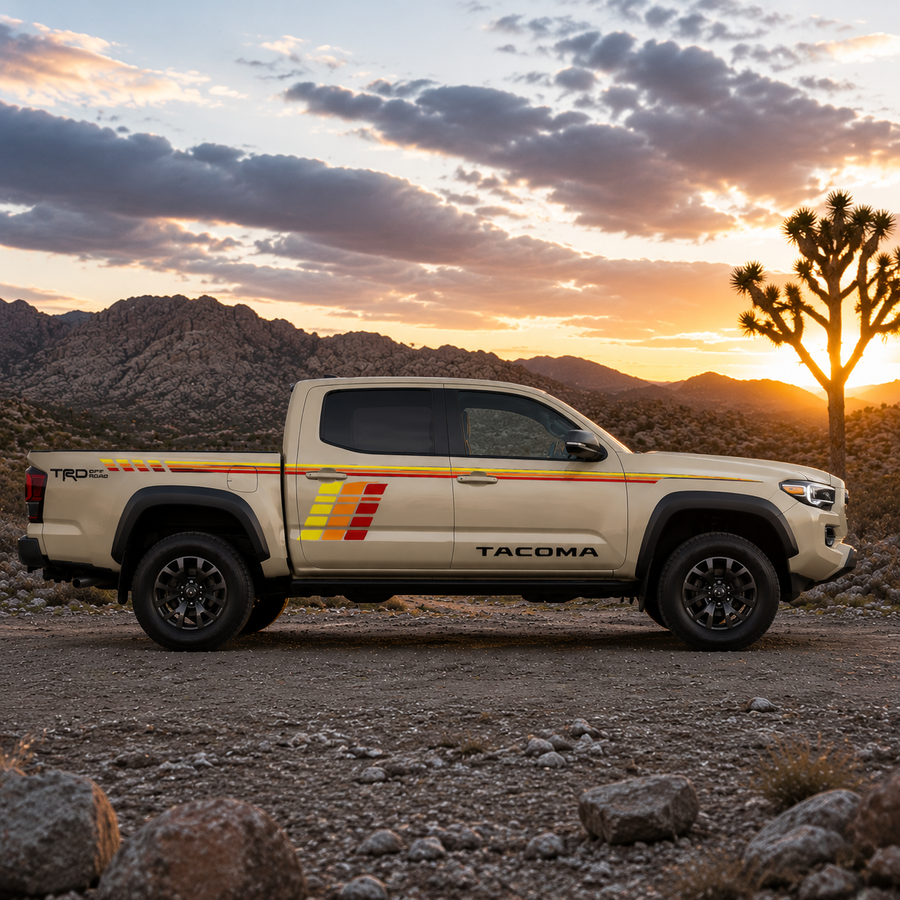 Full side view of Toyota Tacoma featuring retro racing stripe decal in warm tones