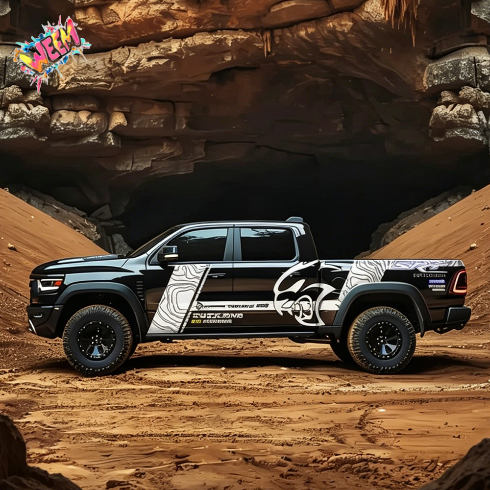 Topographic Hellcat Head Truck Decal | Off-Road Terrain Vinyl Wrap for Pickup