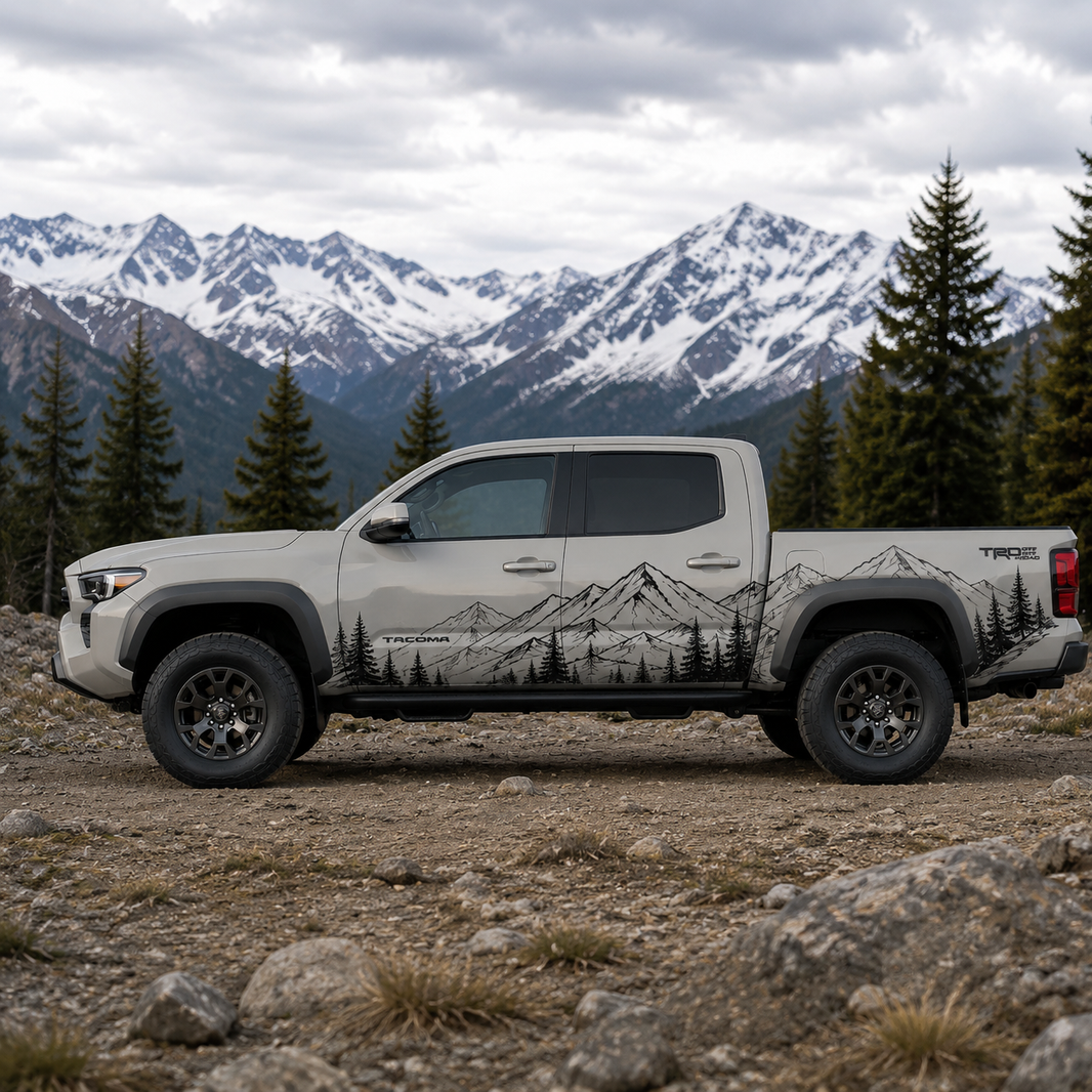 Mountain forest vinyl decal on Toyota Tacoma with alpine backdrop