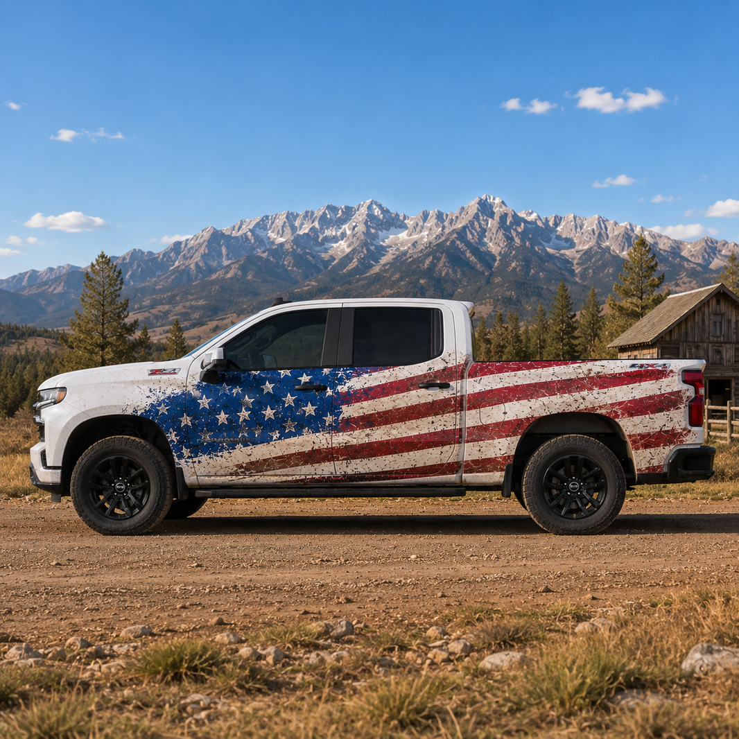 American Flag Truck Decal for Chevrolet Silverado | Distressed Patriotic Side Vinyl Wrap