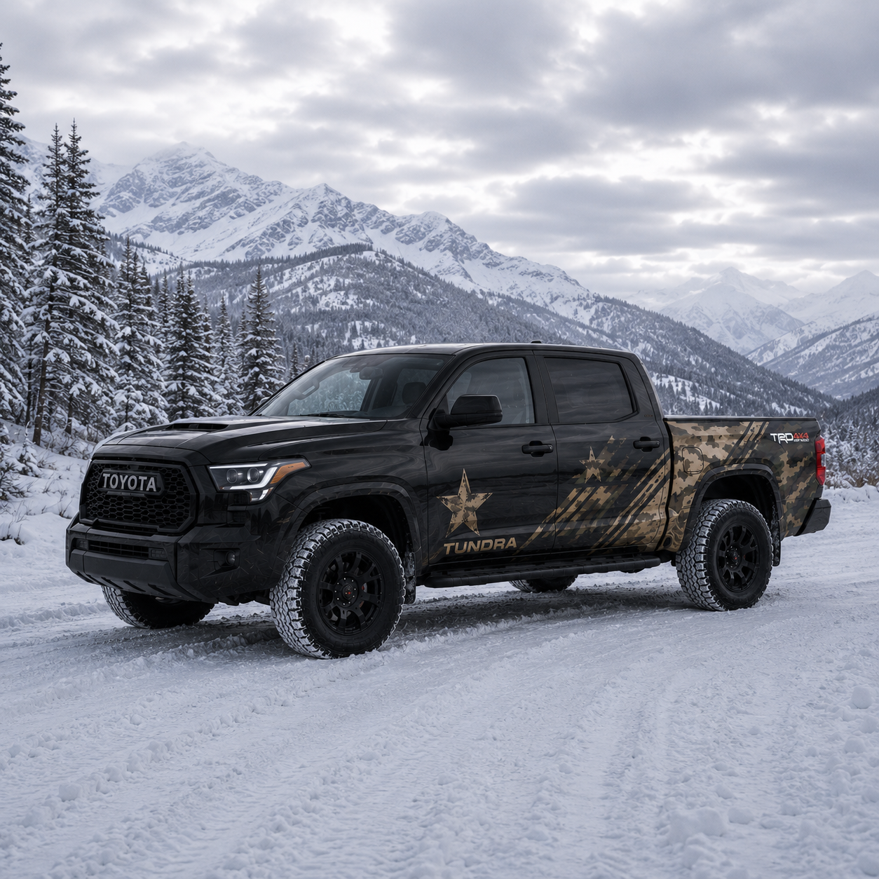 Tactical Star truck decal on black Toyota Tundra in snowy mountain forest