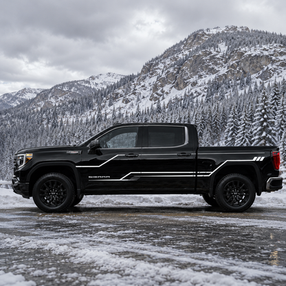 Toyota Tacoma modern line vinyl decal on black truck with mountain backdrop
