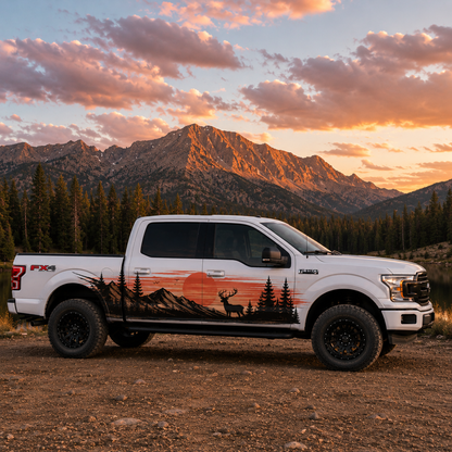 Sunset Wilderness Truck Decal for Ford F-150 | Mountain & Deer Side Vinyl Wrap