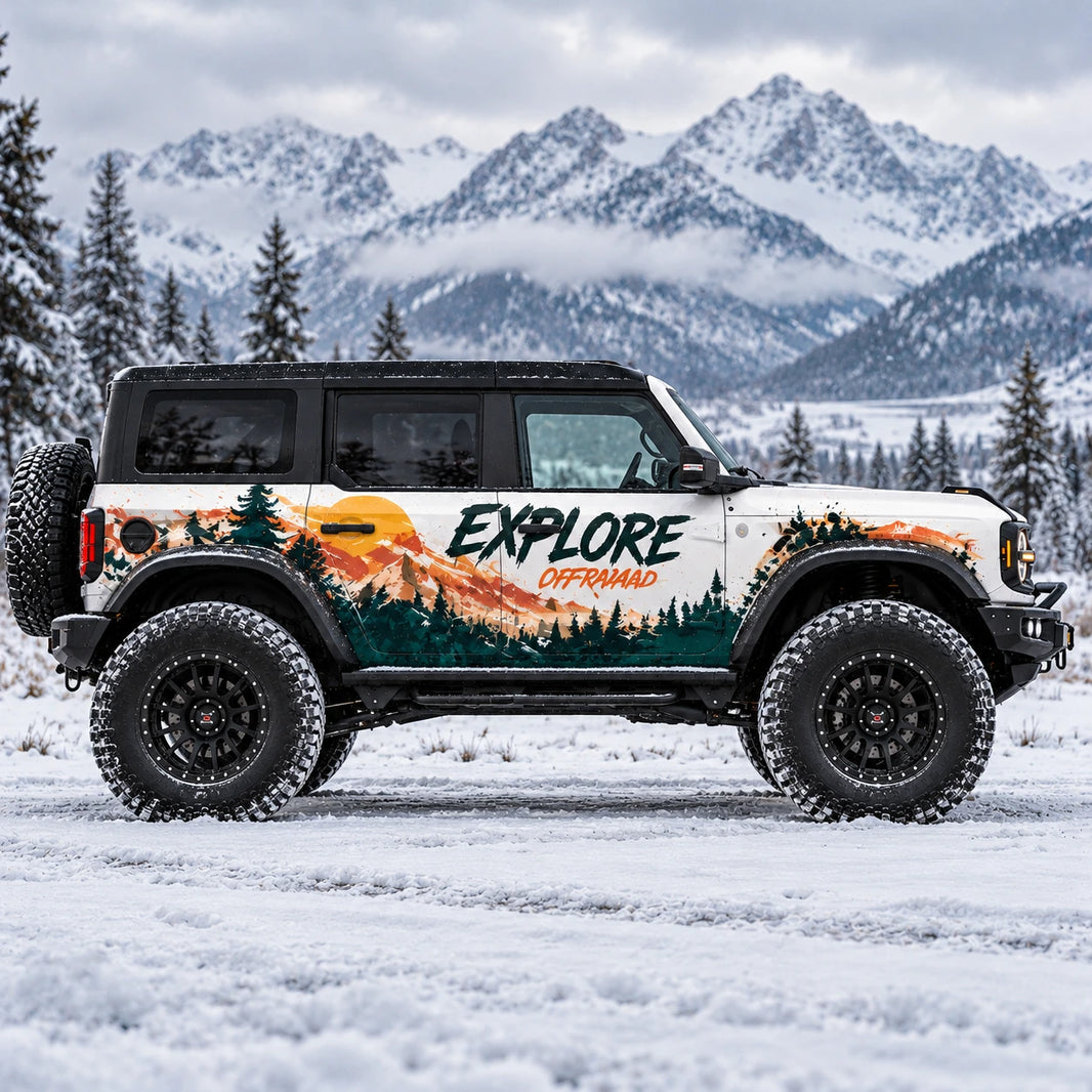 Sunset Mountain Forest SUV Decal | Explore Off-Road Scenic Side Wrap