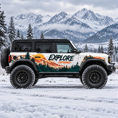 Sunset Mountain Forest SUV Decal | Explore Off-Road Scenic Side Wrap