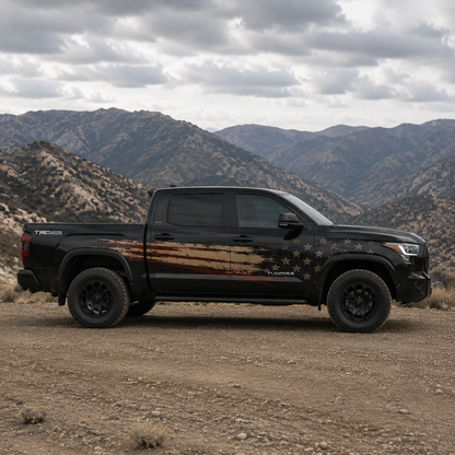 Black Toyota Tundra featuring American Flag vinyl decal close-up side profile