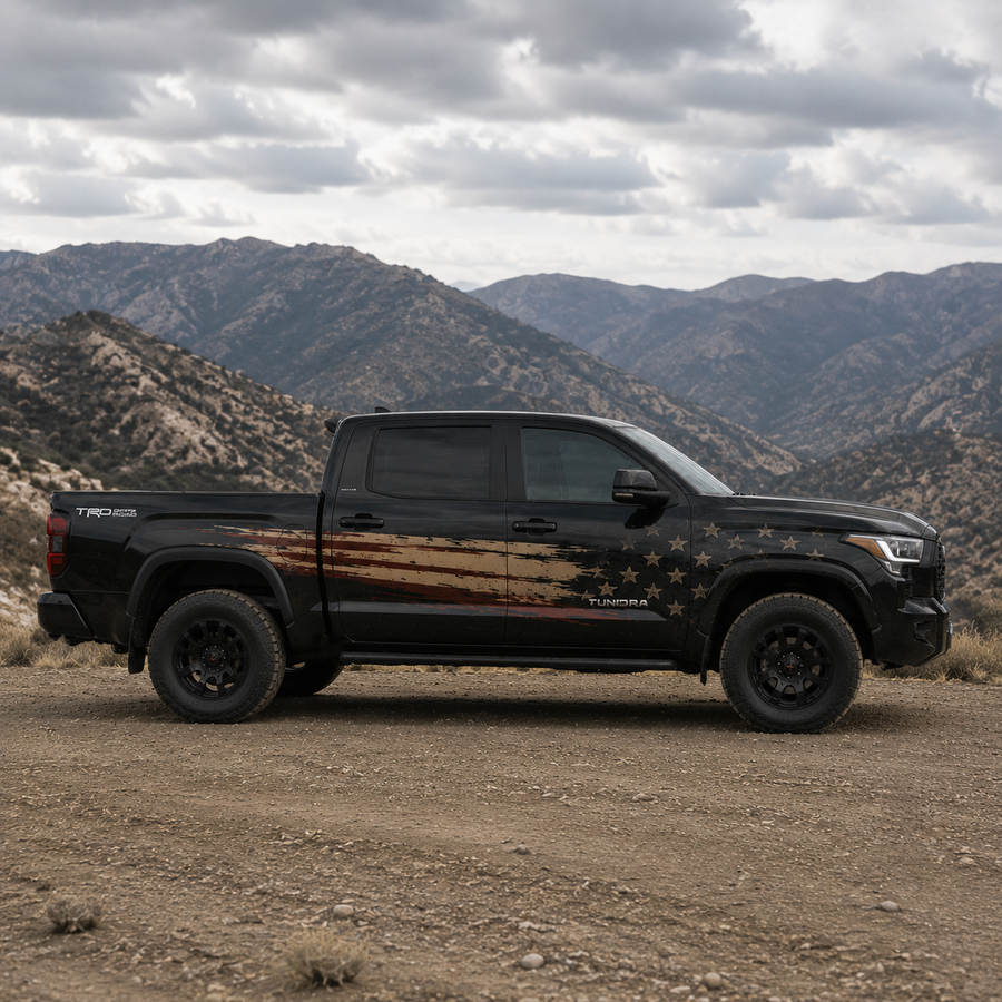 Black Toyota Tundra featuring American Flag vinyl decal close-up side profile