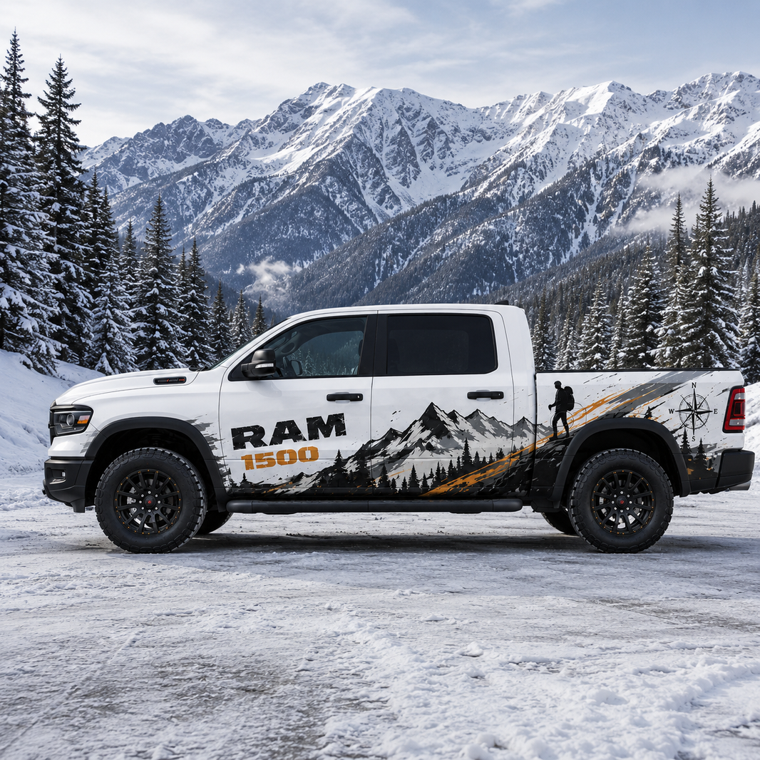 RAM 1500 mountain truck decal – close-up detail of Summit Explorer adventure side graphic