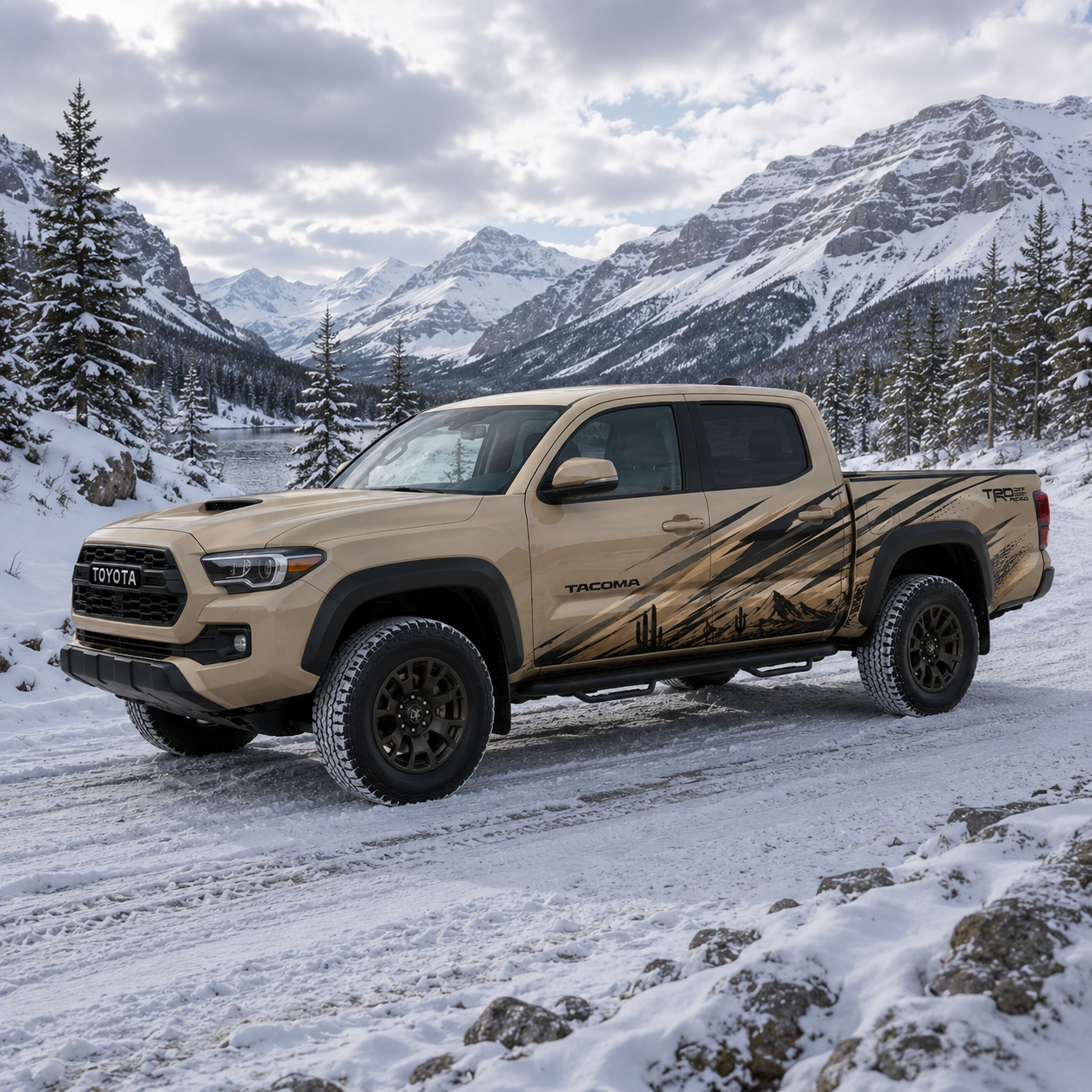 Toyota Tacoma with desert mountain truck decal in tan and black vinyl wrap