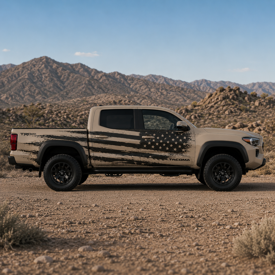 Full side view of Toyota Tacoma with distressed American flag truck decal