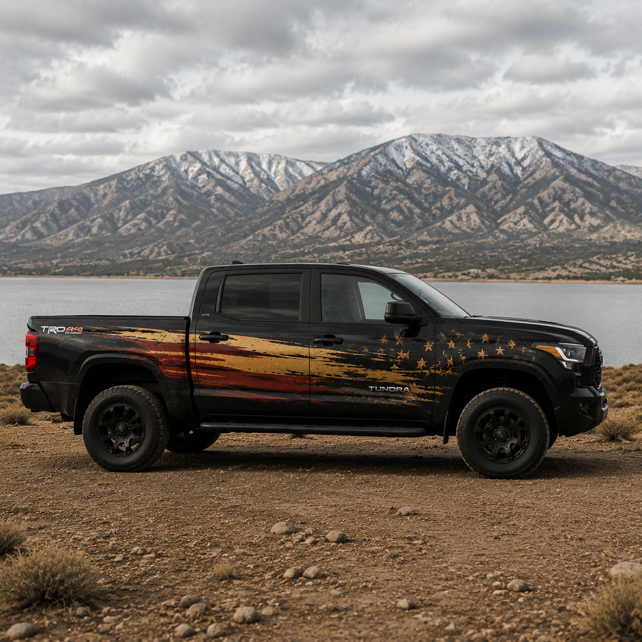 Black Toyota Tundra featuring Distressed American Flag vinyl decal side profile in desert landscape