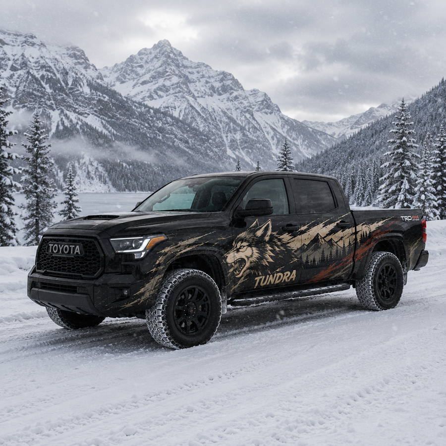Wild Wolf truck decal on black Toyota Tundra in snowy mountain forest