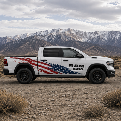 Patriot Brush flag vinyl side decal for RAM 1500 – side profile view