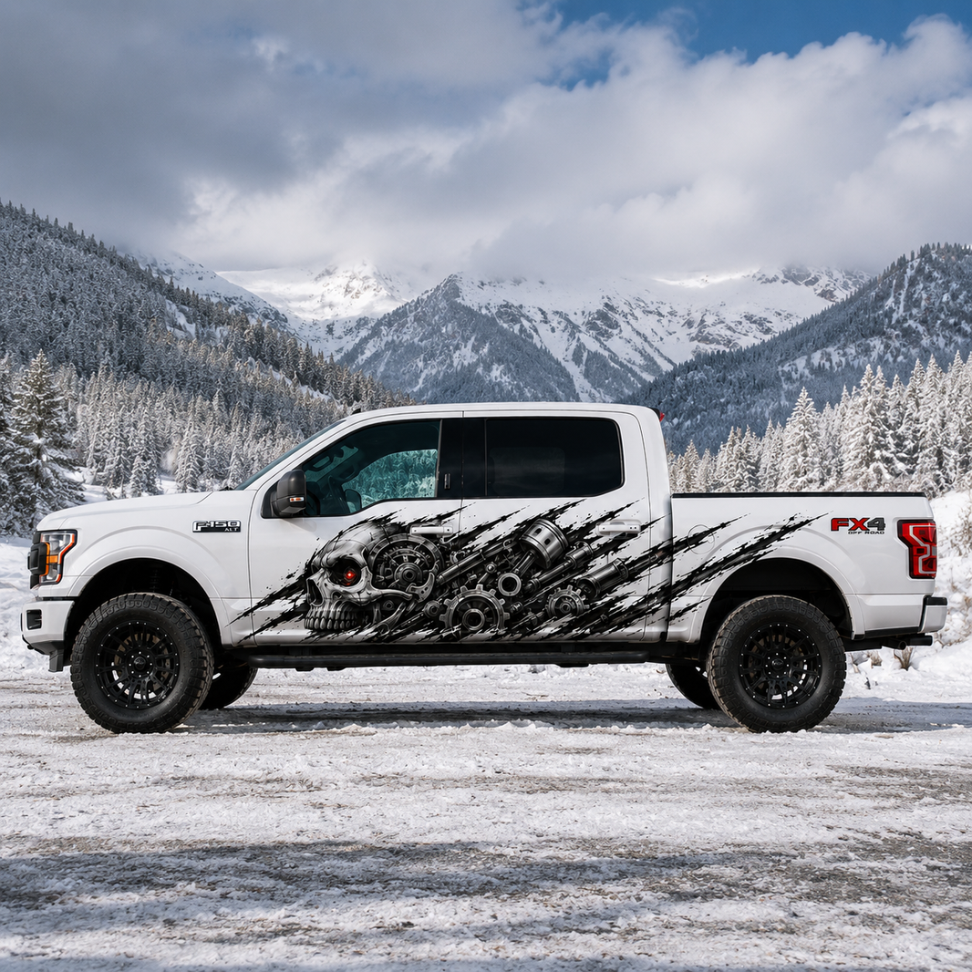 Mechanical Skull Truck Decal for Ford F-150 | Cyberpunk Side Vinyl Wrap