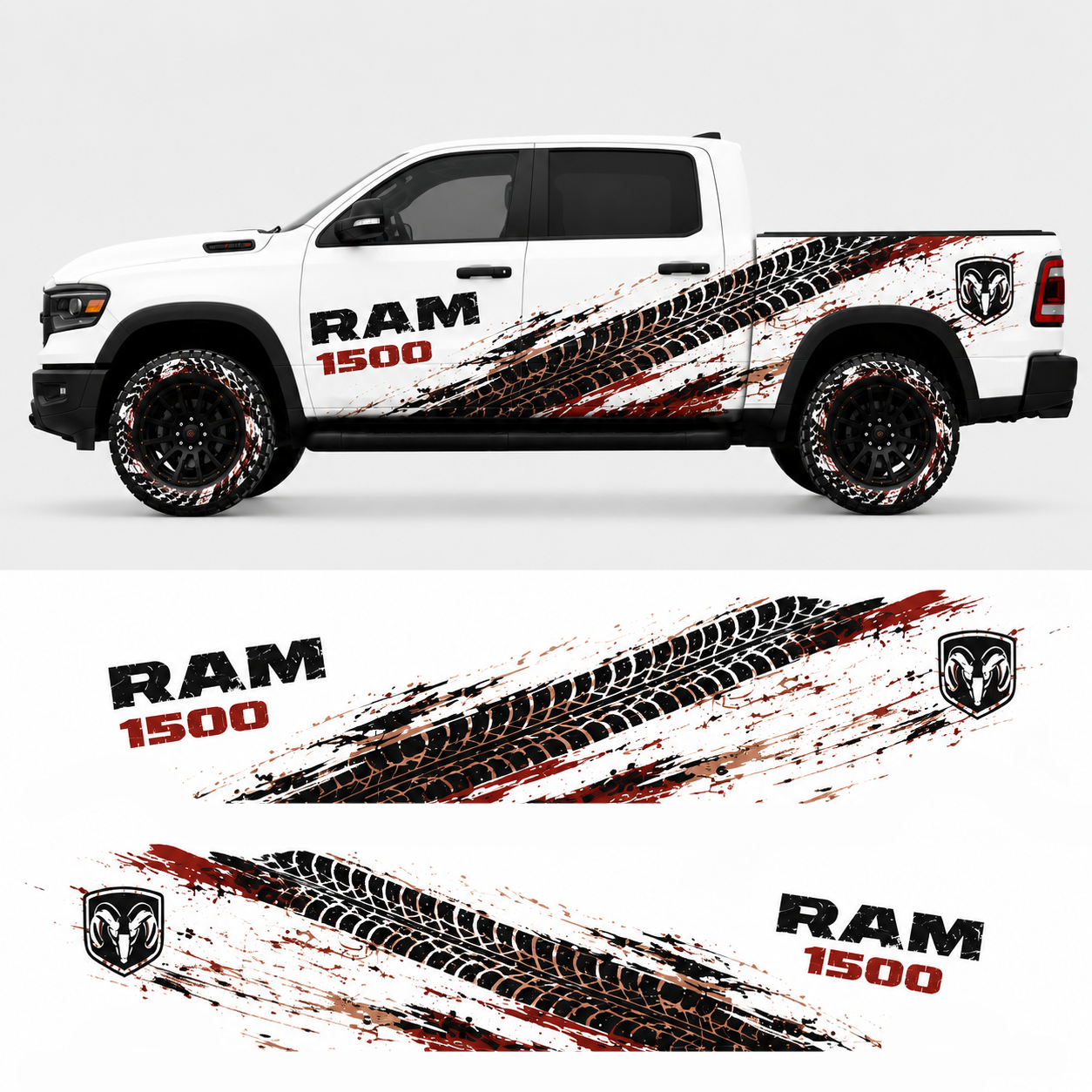 Tire track side graphics design preview for RAM 1500 – Trail Crusher off-road decal kit