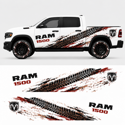 Tire track side graphics design preview for RAM 1500 – Trail Crusher off-road decal kit