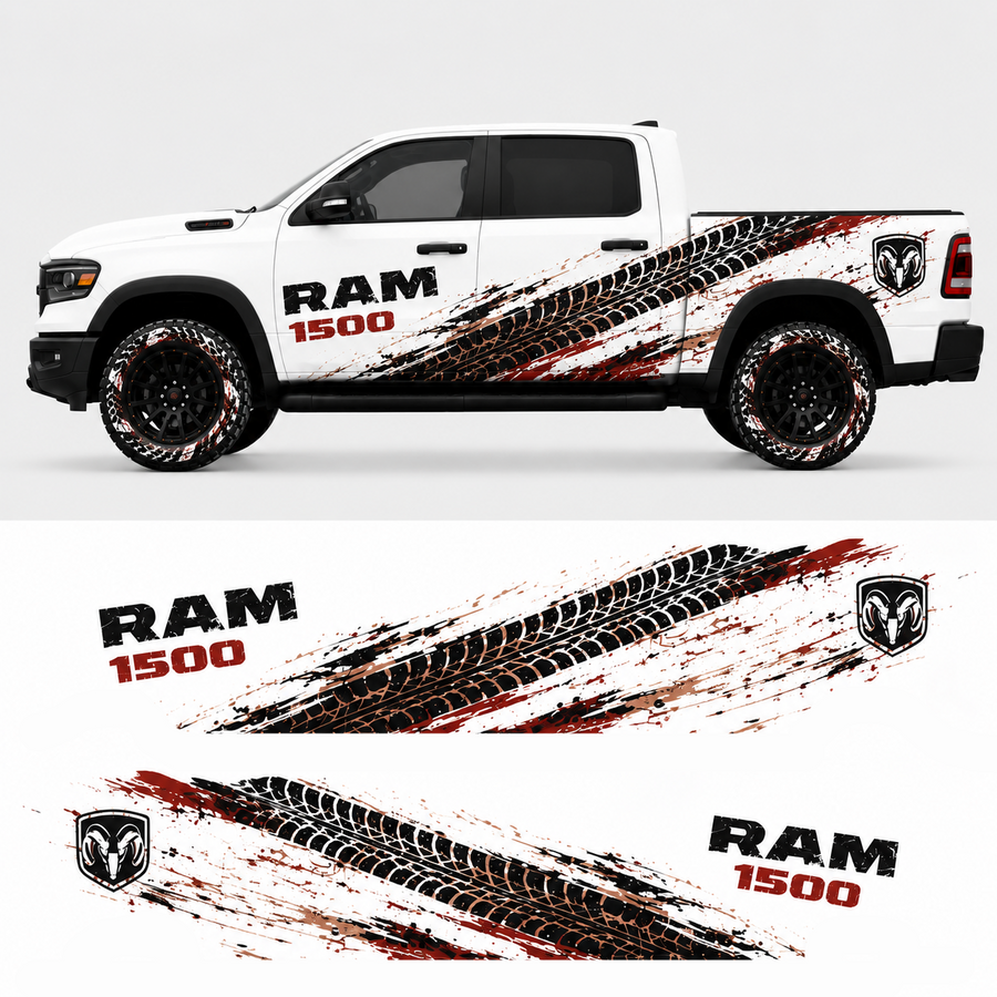 Tire track side graphics design preview for RAM 1500 – Trail Crusher off-road decal kit