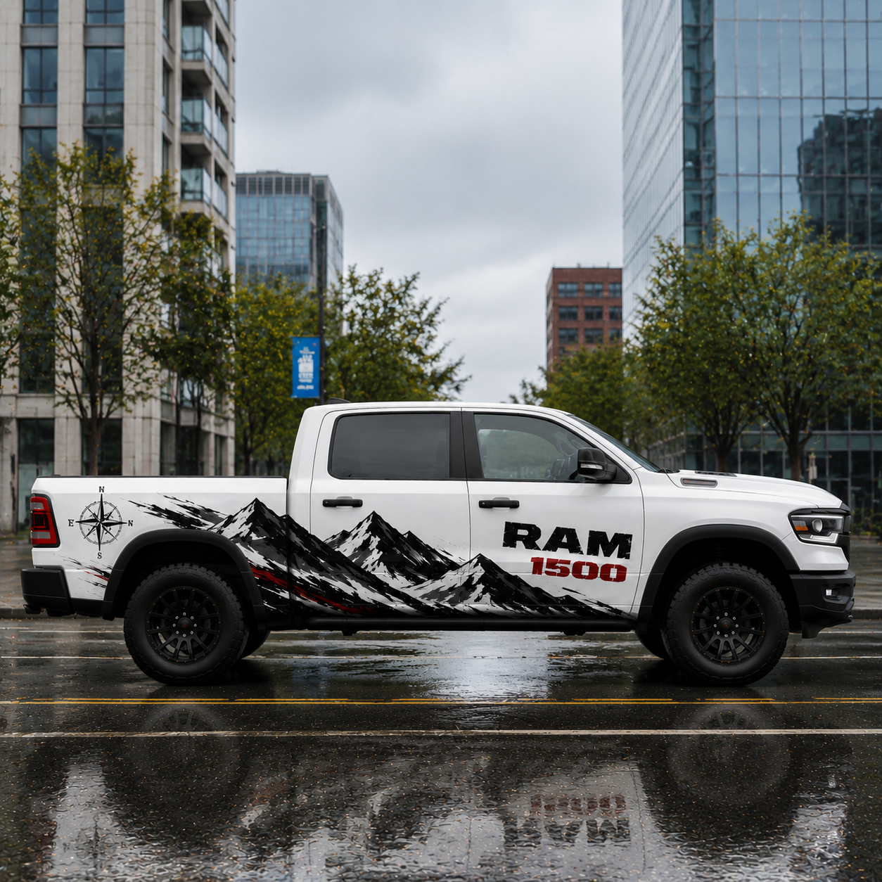 Summit Compass adventure vinyl decal for RAM 1500 – side profile view