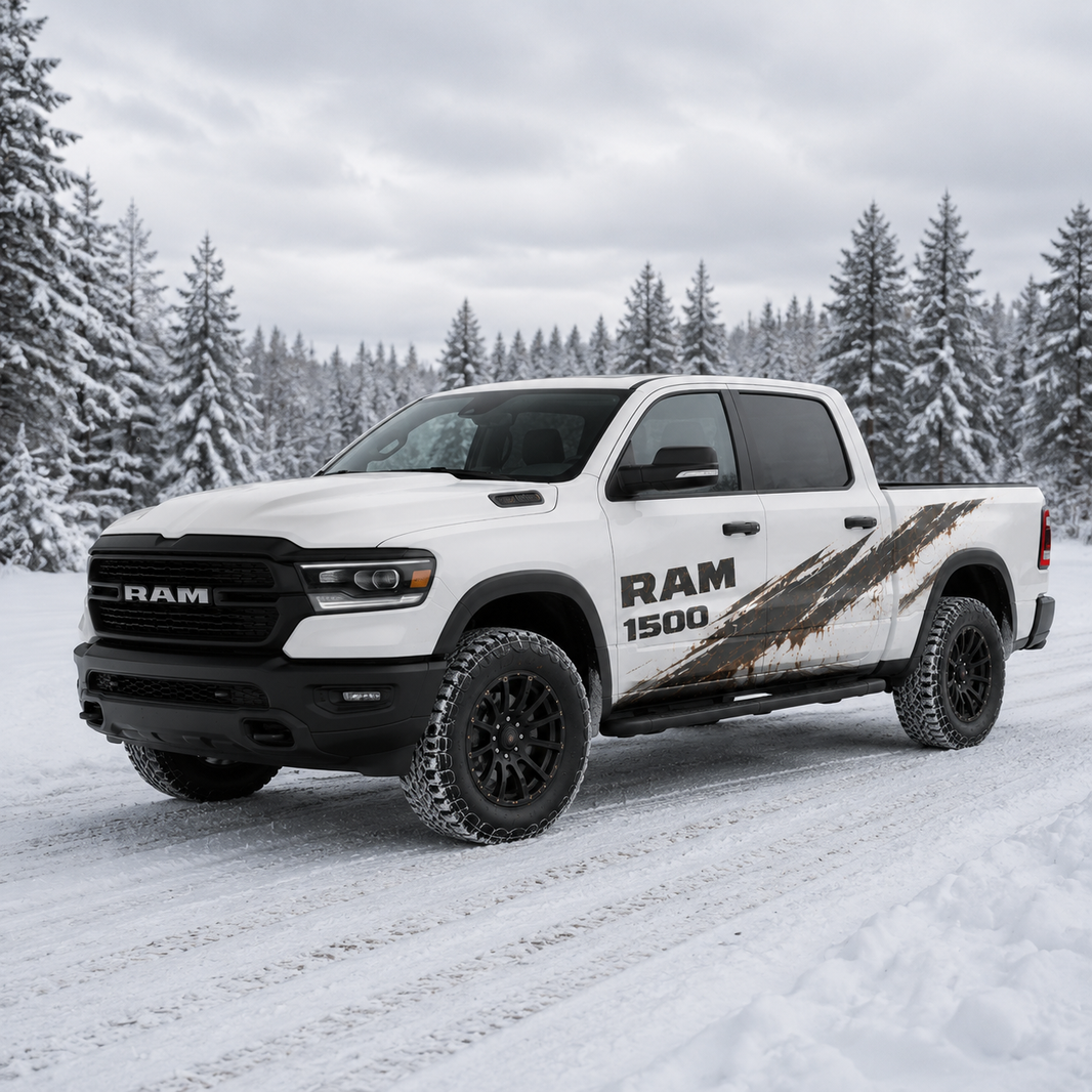 Mud Rush off-road splash truck decal applied to Ram 1500 – front view