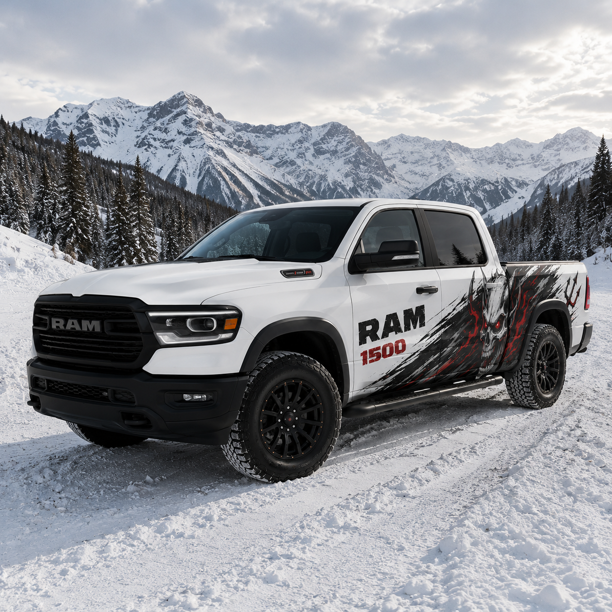 Demon Skull aggressive side vinyl wrap graphic decal on RAM 1500 – full side view