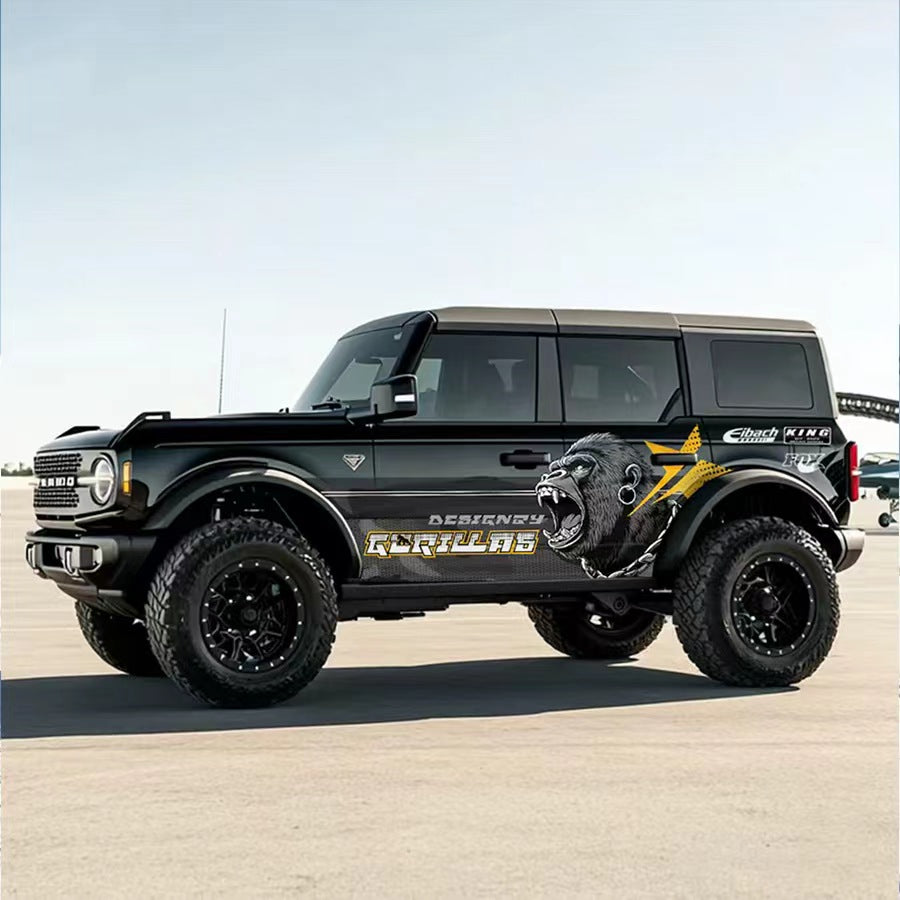 Black Ford Bronco with Aggressive Gorilla Head Muscle Animal Side Graphic Vinyl Wrap in Desert